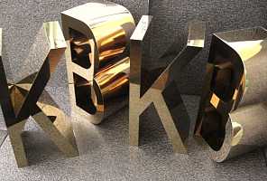Золотые объемные металлические буквы с большой глубиной корпуса, изготовлены из нержавеющей стали с вакуумным покрытием поверхности нитридом титана под золото.